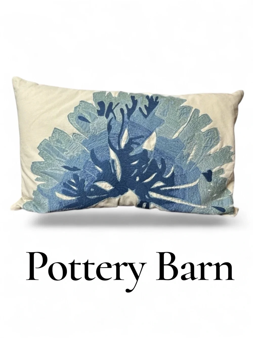 Pottery Barn Blue and Cream Coral Embroidered Throw Pillow Cover